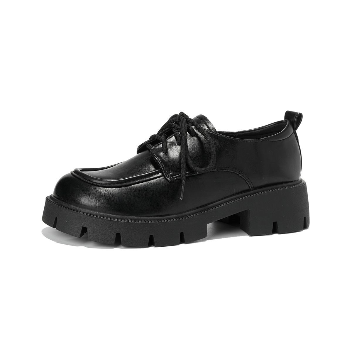 Platform Small Leather Shoes Women's Round Head Lace-up Black Loafers Thick Heel Soft Sole Single Shoes Women_vogvips.com