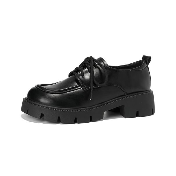 Platform Small Leather Shoes Women's Round Head Lace-up Black Loafers Thick Heel Soft Sole Single Shoes Women_vogvips.com