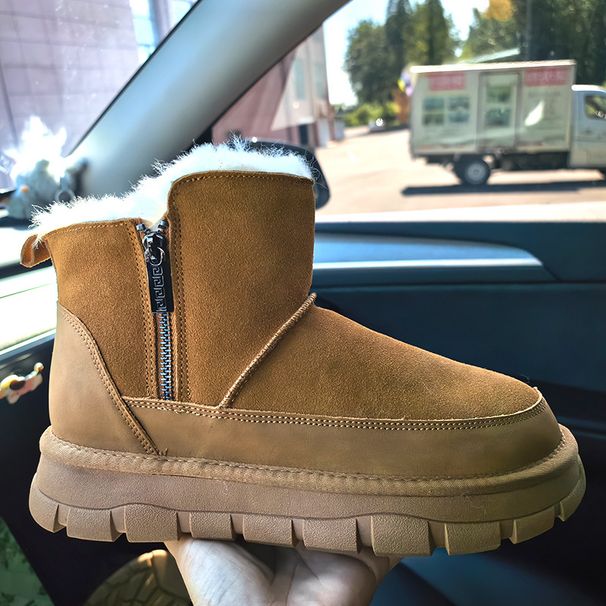 Side Zipper Cowhide Boots For Men 2025 Winter New Style Sheepskin Waterproof Snow Cotton Thickened Warm Men's Shoes_vogvips.com