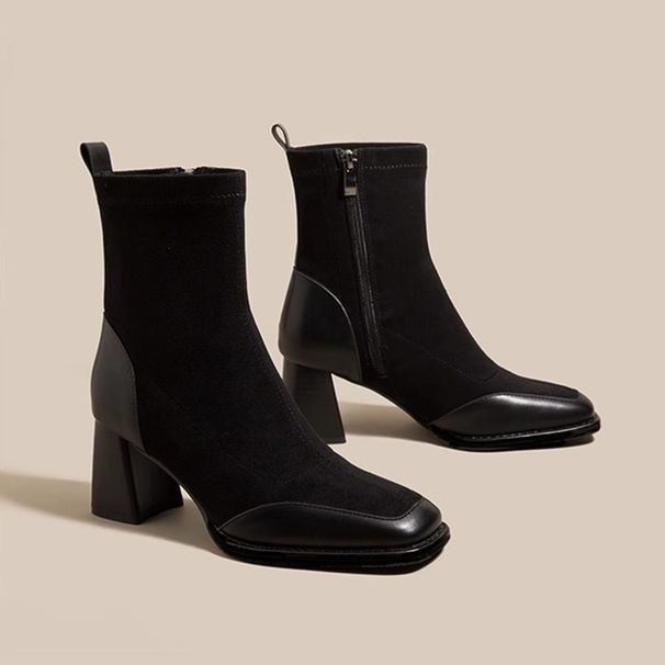 Comfortable Black Square Toe Slim High Short For Women Spring And Autumn Single With High-End Thick Sole Chunky Heel_vogvips.com