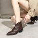 Pointed Toe Mid-Heel Leather 2025 New Autumn Winter Shoes Brown Women's Chunky Heel Low-Cut V-Neck Short Boots_vogvips.com