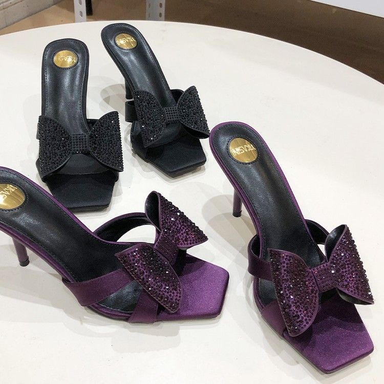 2025 Summer Yang Shulin New Satin High Slippers Thin Heel Sexy French Square Toe Bowknot Rhinestone Sandals For Women_vogvips.com