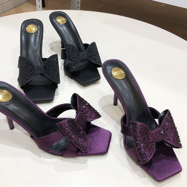 2025 Summer Yang Shulin New Satin High Slippers Thin Heel Sexy French Square Toe Bowknot Rhinestone Sandals For Women_vogvips.com