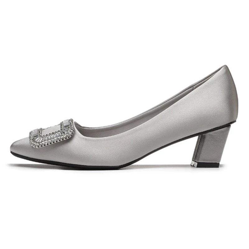 Women's Rhinestone Satin High Heels Square Buckle Low Heel Shallow Mouth Square Toe Single Shoe Wedding Professional Commuting New Spring Summer Style_vogvips.com