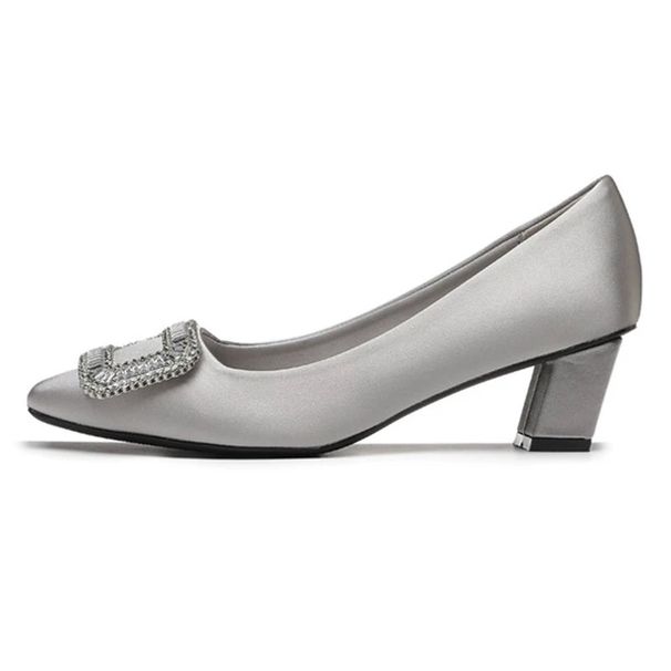 Women's Rhinestone Satin High Heels Square Buckle Low Heel Shallow Mouth Square Toe Single Shoe Wedding Professional Commuting New Spring Summer Style_vogvips.com