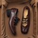 Sheepskin Retro Pleated Square Toe Shoes Cross Strap High Heel Ballet Shoes Pig Nose Thick Heel Mary Jane Shoes_vogvips.com