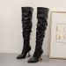 Women's Stacked Boots Black Knee High Boots With Wineglass Heel & Wrinkle Design Waterproof PU Leather Side Zipper Riding Boots For Women_vogvips.com