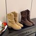 Genuine Leather Wrinkled Slouch 2025 Autumn Winter New Style Round Toe Slimming Chunky Heel Fashion Short Boots_vogvips.com