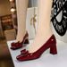Square Head Bow Shallow Mouth Single Shoes Patent Leather Thick Heel Comfortable Women's Shoes_vogvips.com