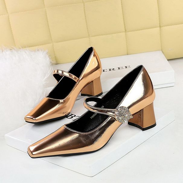 Women's shoes Metal rhinestone buckle line with medium thick heel shallow mouth square toe heel women's single shoes_vogvips.com