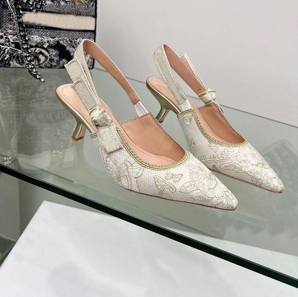 2025 Spring Summer New D Brand Lace Embroidered Letter Bow High Heels Pointed Open Back Closed Toe Sandals For Women_vogvips.com
