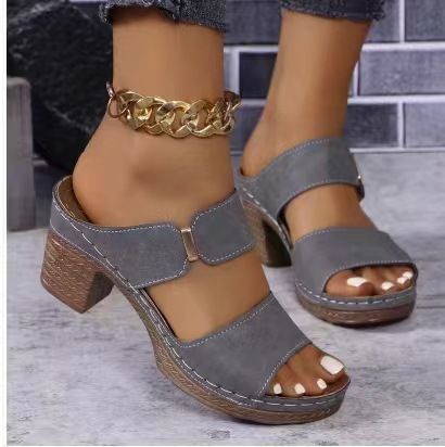 European And American Foreign Trade Large Size Open-Toe One-Strap High Slippers For Women, New Cross-Border Thick Heel_vogvips.com