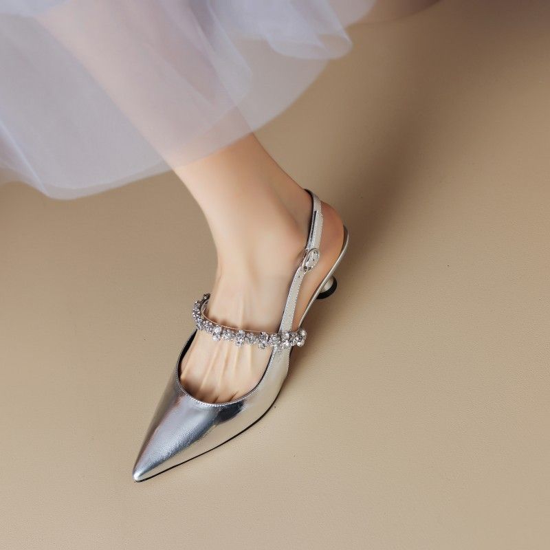 Super Slimming~ French Style Rhinestone Silver Pointed Open Back Mary Jane Leather Shoes Small Heel Closed Toe Sandals_vogvips.com