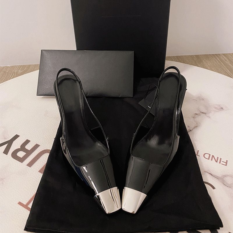 2026 Park Chae-young Summer New Small Square High Heel Sandals For Women With Open Back Metal Iron Toe Patent Leather_vogvips.com