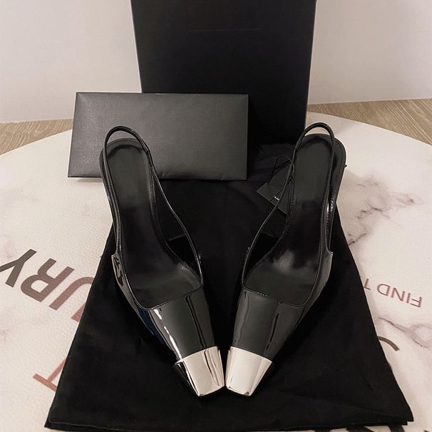 Park Summer Chae-young New Small Square High Heel Sandals For Women With Open Back Metal Iron Toe Patent Leather_vogvips.com