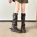 Retro Buckle Detail Stacked Knee High Boots For Women - Chunky Heel, Leather Look, Fashion Riding Boots, Black & Brown_vogvips.com