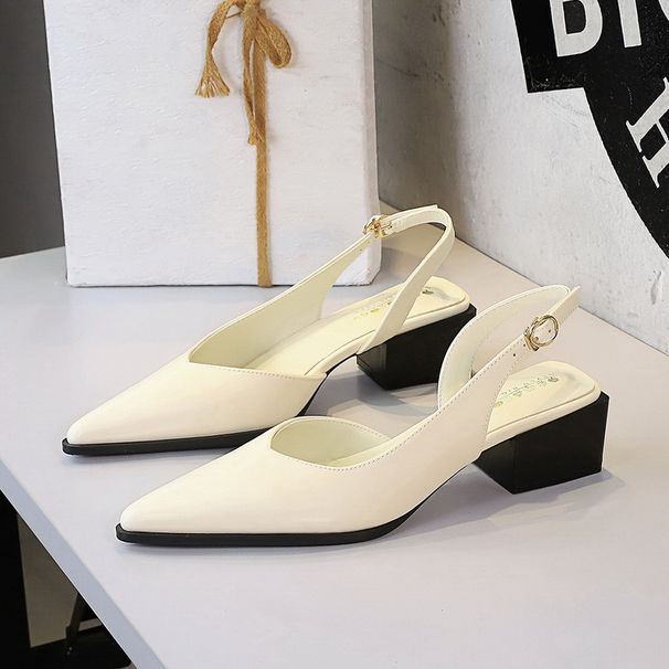 Pointed Rear Strap Single Shoes Hollow Shallow Mouth Comfortable Thick Heel Shoes Middle Heel Side Empty Women's Shoes_vogvips.com