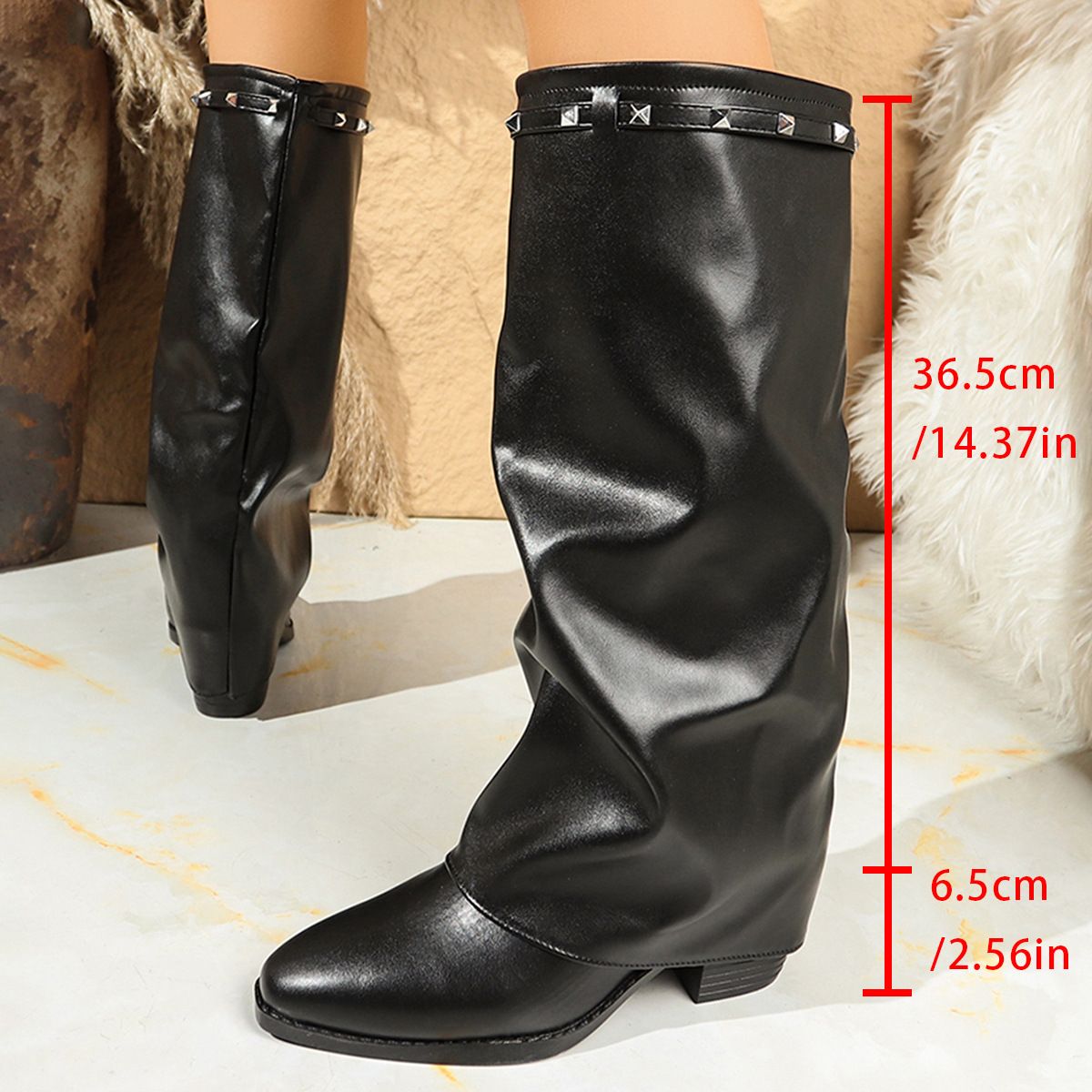 plus Size Pointed Toe Studded Chunky Heel Fashion Long Boots Temperament Personality Versatile Women's Shoes_vogvips.com