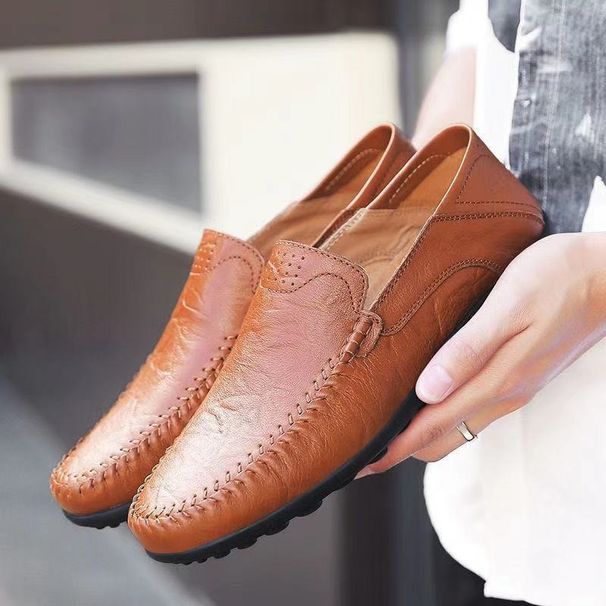 Euro Step Men's Casual Leather 2025 Spring Summer Breathable Fashion Single Youth Round Toe Loafers Slip-On Lazy Shoes_vogvips.com