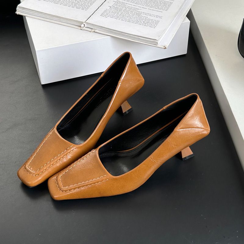 Small Wow Women's Chunky Heel Square Toe Pumps - Soft PU Leather French Style Elegant Office Dress Shoes For Women (Black, Light Brown, Khaki)_vogvips.com