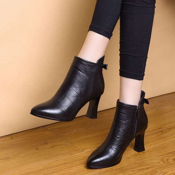 High For Women 2025 Autumn Four Seasons New British Style Chunky Heel Short Soft Leather Women's Shoes Fleece-Lined_vogvips.com