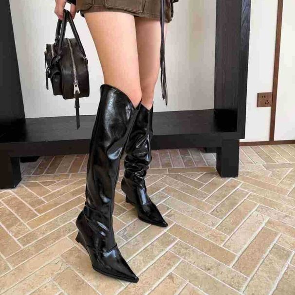 Pointed Toe Ruched Slouch Wedge Over-the-Knee Long High Heel V-Cut Slimming Western Cowboy Boots_vogvips.com