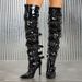Small Wow Punk Rock Chic Over Knee Boots - Pointed Toe Stiletto Heels With Studs & Buckle Straps - Gothic Fashion Boots For Women (Black, 11CM Heel)_vogvips.com