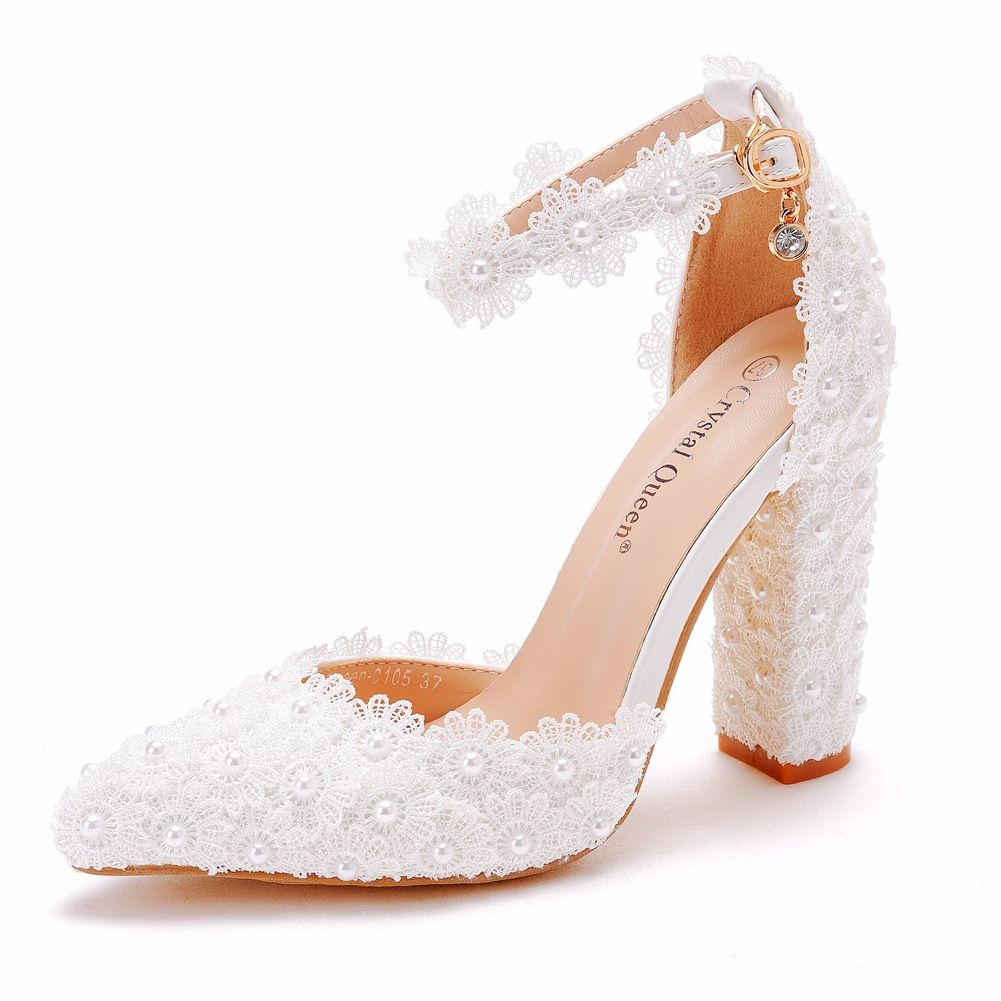 Women’s Shoes 10cm white lace pointed toe thick heel sandals wedding dress shoes spring and autumn thick heel pointed toe sandals white wedding shoes_vogvips.com