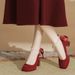 Women's Autumn New Square-Toe Bridal Shoes - Red Suede Mary Jane Pumps With Bow & Pearl Accents (Low Block Heel)_vogvips.com