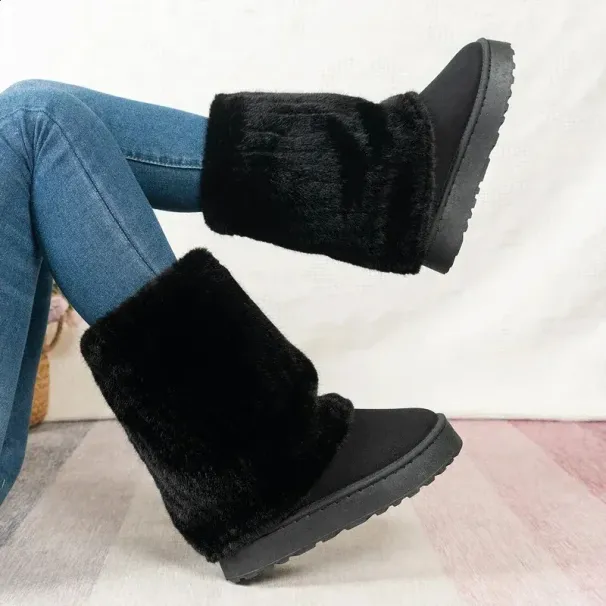 Winter Womens Snow Plush Warm Thickened Fashion Casual Suede Thick-soled Mid-tube Boots Botas Mujer 240719_vogvips.com