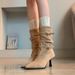 Women's Fashion Pointed Toe Stiletto Heel Ankle Boots - Slim Fit Suede Mid-Calf Boots With Buckle Detail High Heel Skinny Short Boots Women_vogvips.com