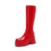 Elastic Slim Square Toe Platform Thick Sole Chunky Heel Side Zipper Over-the-Knee Long Patent Leather Red High Boots_vogvips.com