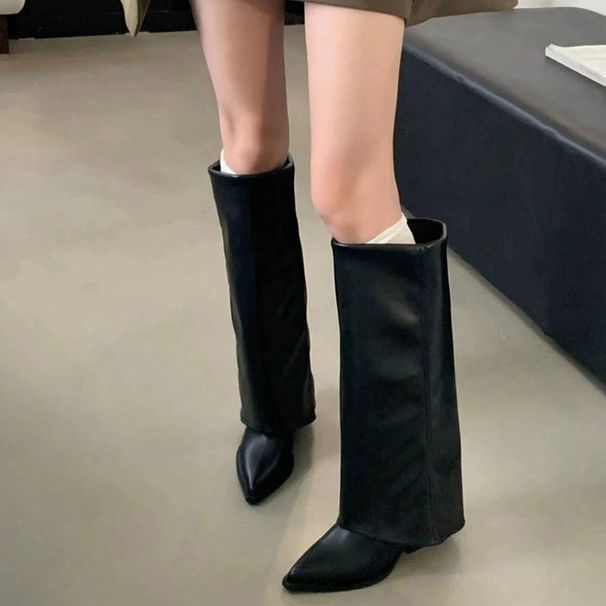 Winter Women's Pointed Toe Trouser Boots Plus Size Mid Heel Chunky Retro Over The Knee Fashion Boots_vogvips.com