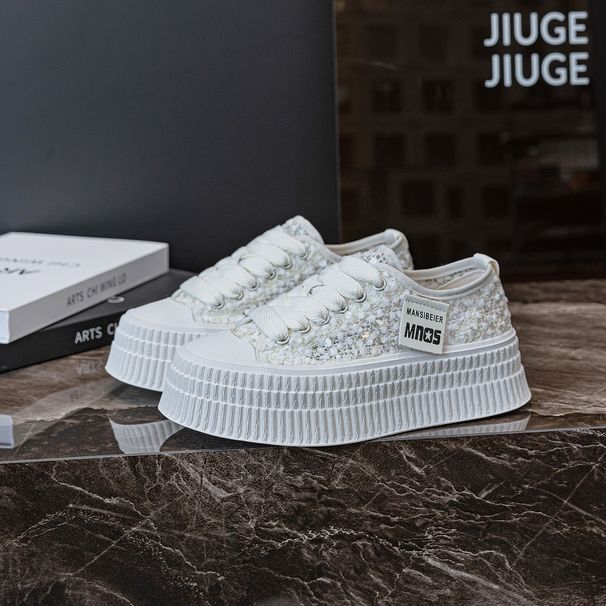 Women's Thick-Soled White Sneakers For Spring Summer, Fashionable Versatile, With A High-End Feel, New-Style Canvas_vogvips.com