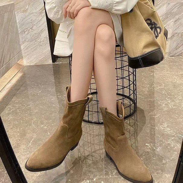 Korean Pointed Toe Chunky Heel Western Cowboy Women's New Autumn Versatile British Style Short Martin Boots_vogvips.com