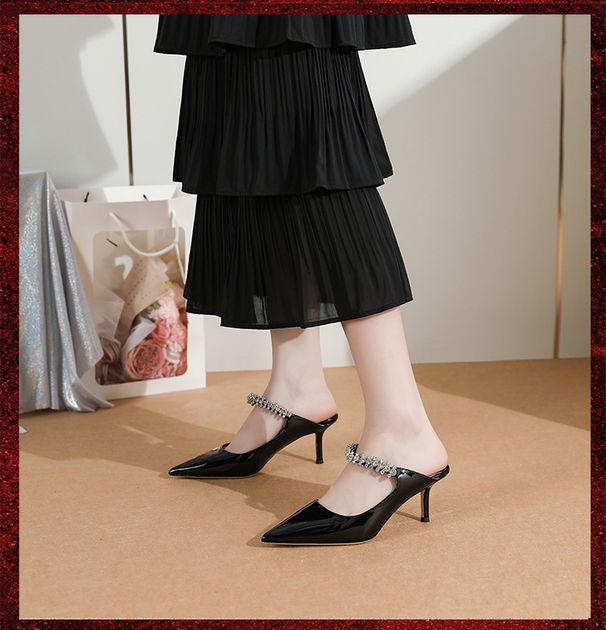 Women's Patent Leather Slip-On Mules Summer Pointed Toe High Heel Strappy Sandals JC Stilettos_vogvips.com