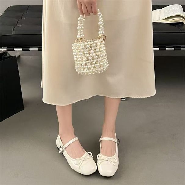 Popular Bow-tie Single With Round Toe, 2026 Summer New Style Shallow Mary Jane Women's , French-style Flat Leather_vogvips.com