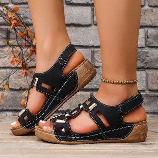 Cross-border Roman Sandals, Large Size Solid Color For Women, 2025 New Model, Open-toe Wedge Heel, Fashionable Buckle_vogvips.com