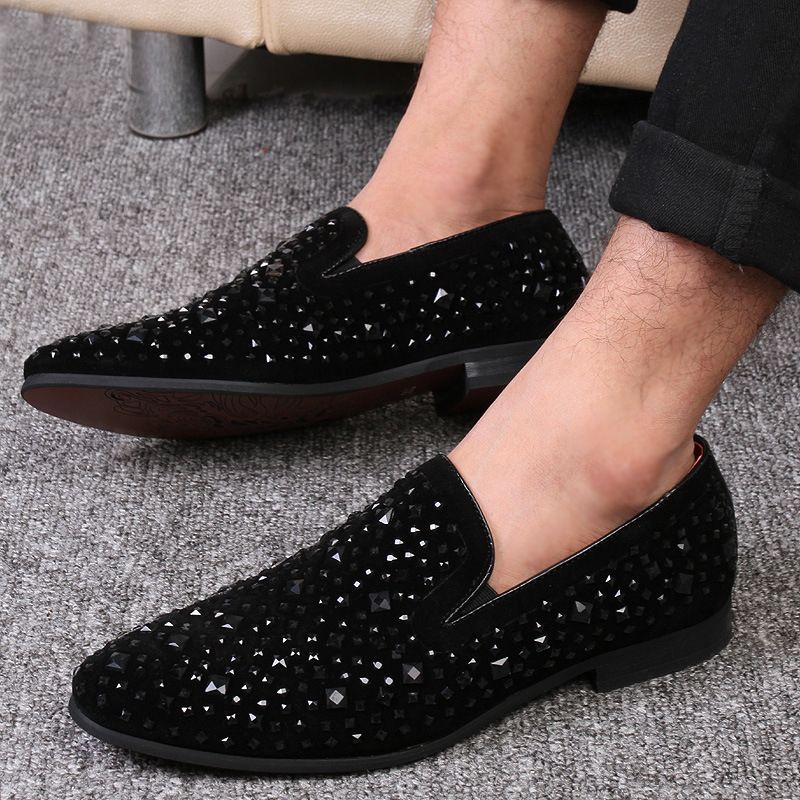 Trendy Wedding Hairstylist Men's British Style Low-top Pointed Toe Rhinestone Sequin Slip-on Business Leather Shoes_vogvips.com