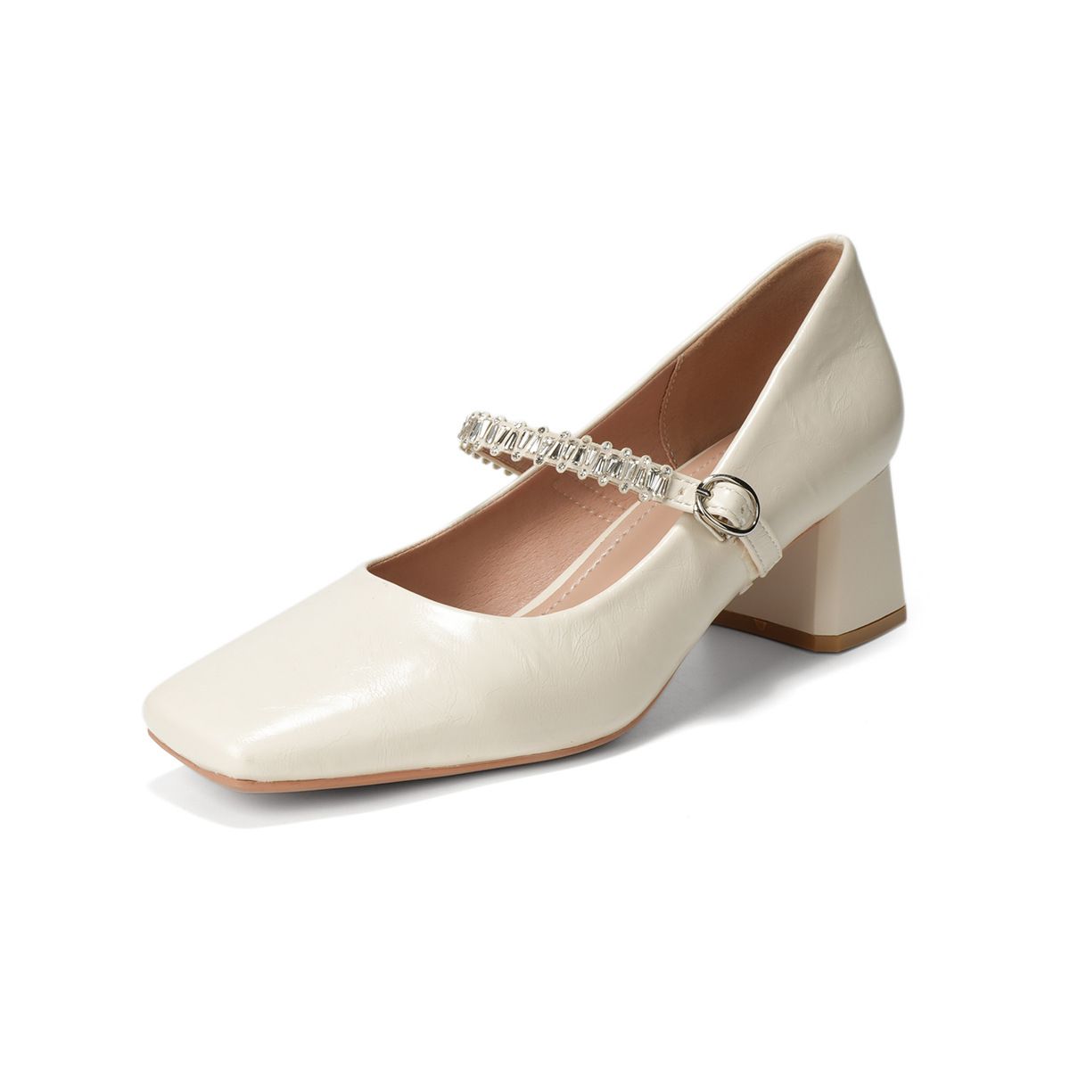 French Diamond Chain Thick Heel Mary Jane Women's Shoes Light Mouth Commuting Single Shoes Square Head High Heels_vogvips.com