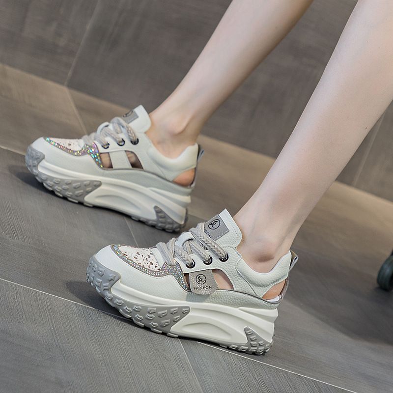 Leather Hollow Dad Shoes Women's Retro Lightweight Inner Height Increase Casual Sports Shoes Platform Sandals_vogvips.com