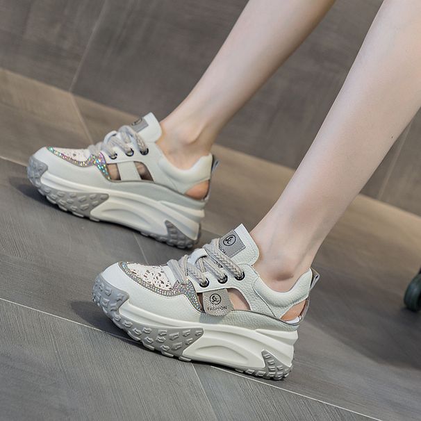 Leather Hollow Dad Shoes Women's Retro Lightweight Inner Height Increase Casual Sports Shoes Platform Sandals_vogvips.com