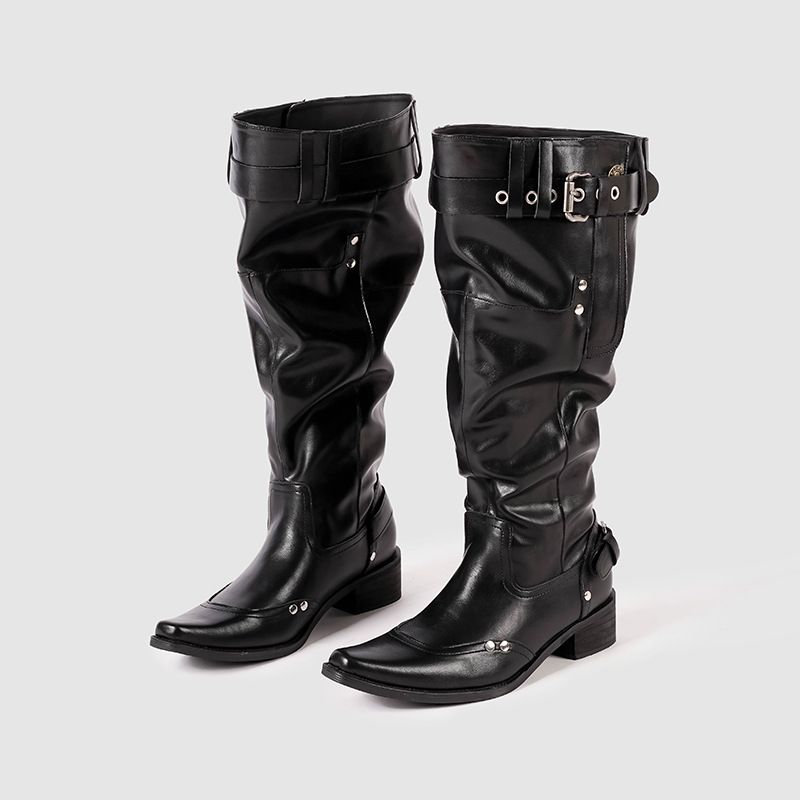 Women's Niche Design Pointed Toe Oversized High Heeled Boots Retro Western Cowboy Chunky Heel Tall Boots For Spring_vogvips.com