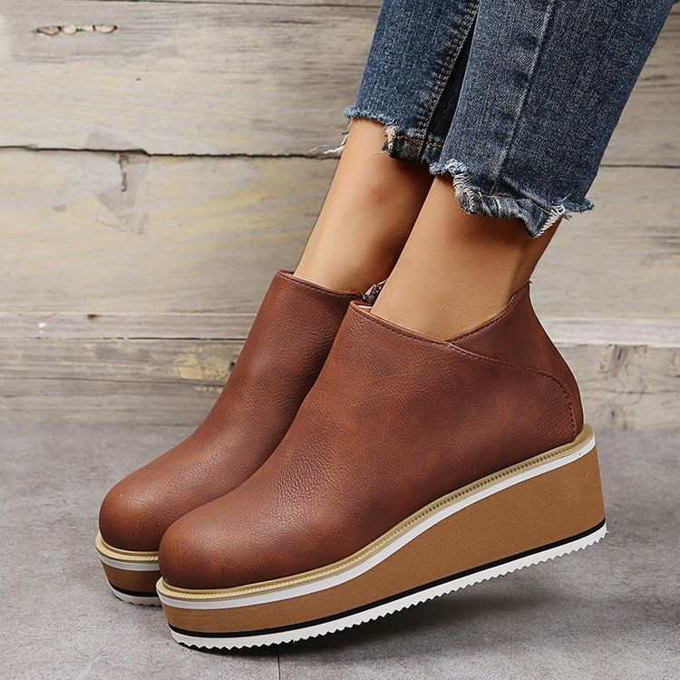 Autumn And Winter New Short Large Women's Shoes Round Toe Thick Sole Slope Heel Side Zipper Casual Boots_vogvips.com