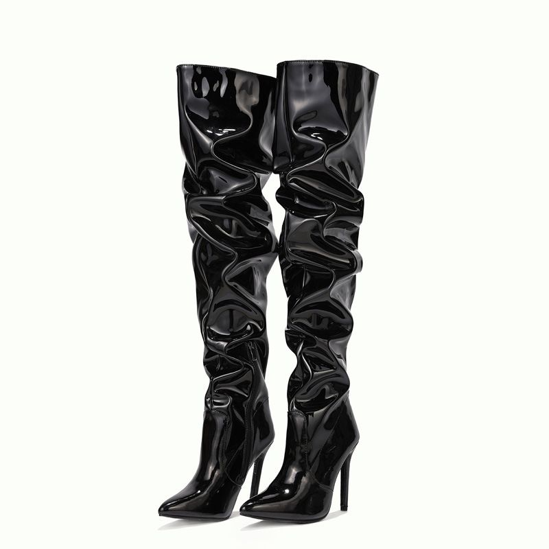 Elastic Long Fashion Pointed Toe Patent Leather High Heel Slim Wrinkled Over-the-Knee Boots For Women_vogvips.com