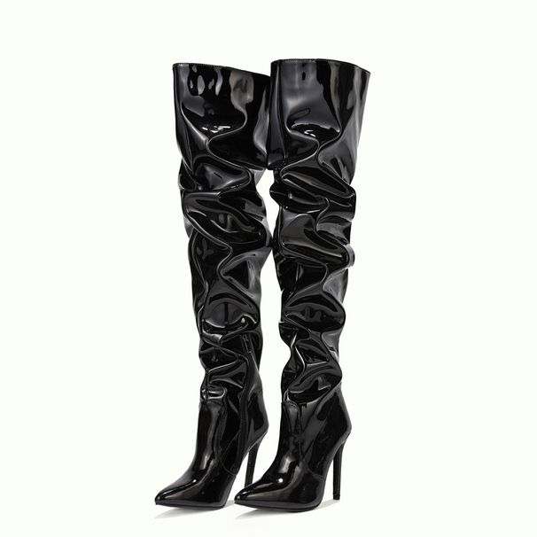 Elastic Long Fashion Pointed Toe Patent Leather High Heel Slim Wrinkled Over-the-Knee Boots For Women_vogvips.com