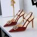 312-K213 European And American Women's High-heeled With Thin Heels, Patent Leather, Shallow Cut, Rhinestones, Metal_vogvips.com