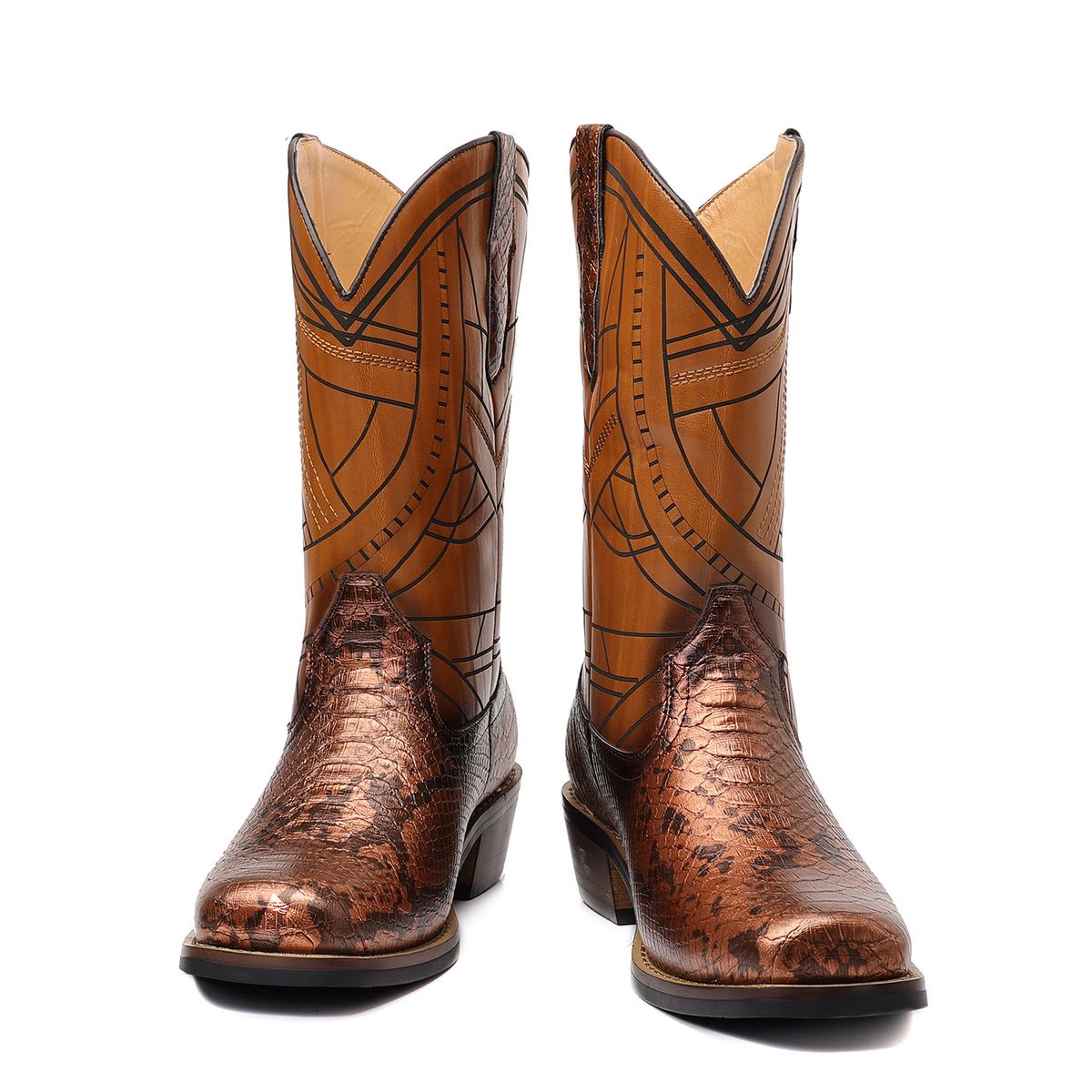 Western Cowboy Boots For Men & Women - Genuine Wooden Heel With Snake Print Design, Comfortable Cushion Insole, Mid-Calf Riding Boots_vogvips.com