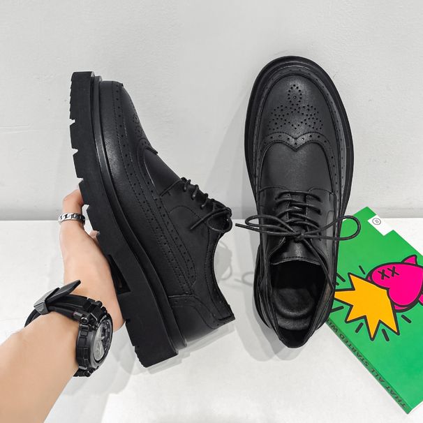 Euro Step Leather Cowhide Formal Black Versatile Casual Business Korean Style Trendy British Brogue Carved Men's Shoes_vogvips.com
