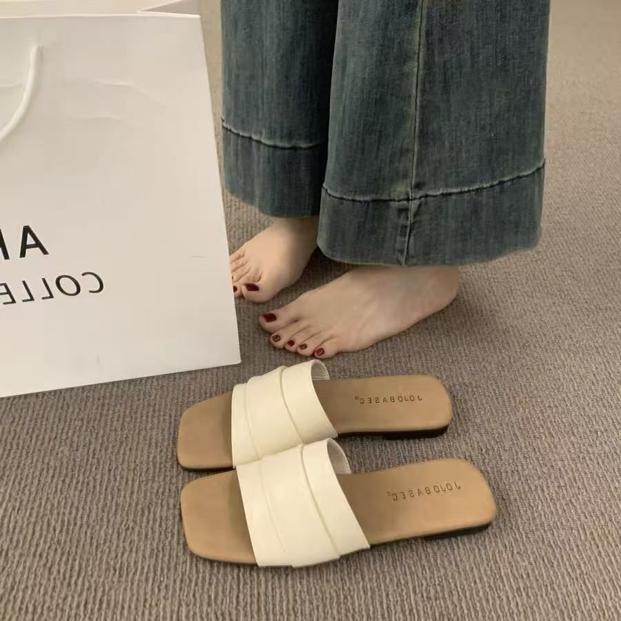 Korean Pleated Women, Summer 2025, Flat Beach Vacation Sandals, Fairy Style One-Strap Slippers For Women_vogvips.com